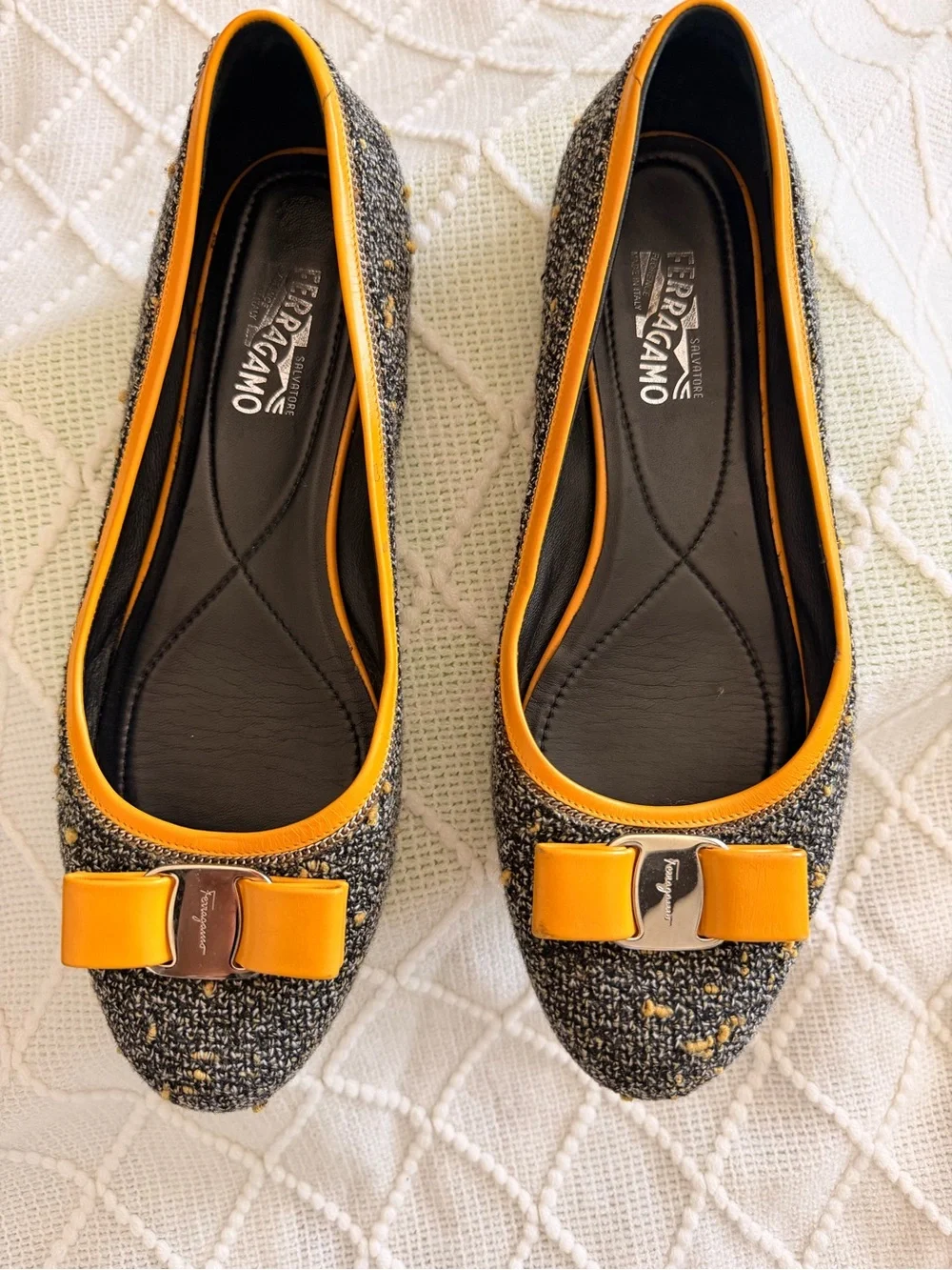 Salvatore Ferragamo Black and Mustard Tweed Vara Bow Flats